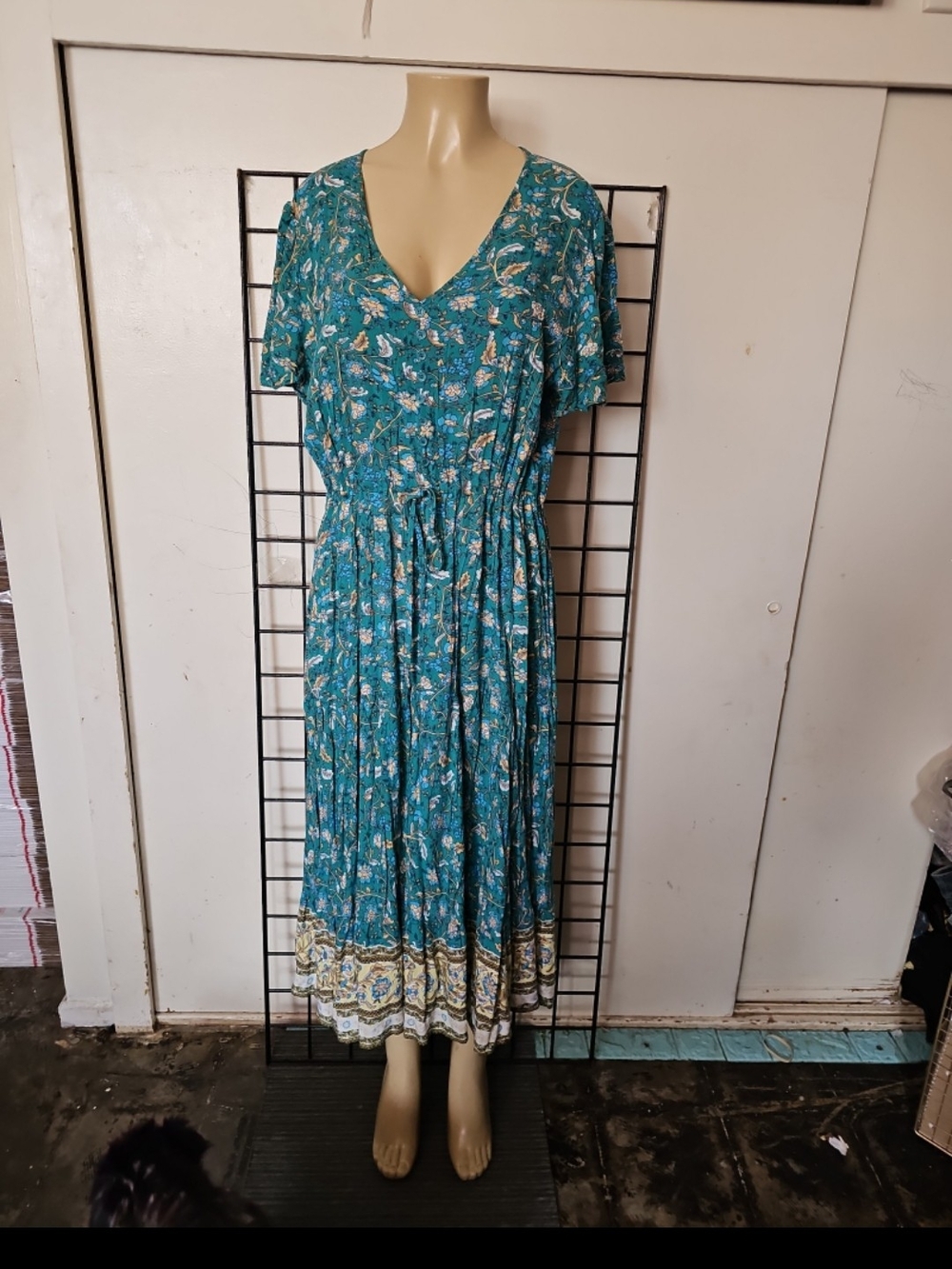 Teal Floral V-Neck Maxi Dress with Drawstring Waist